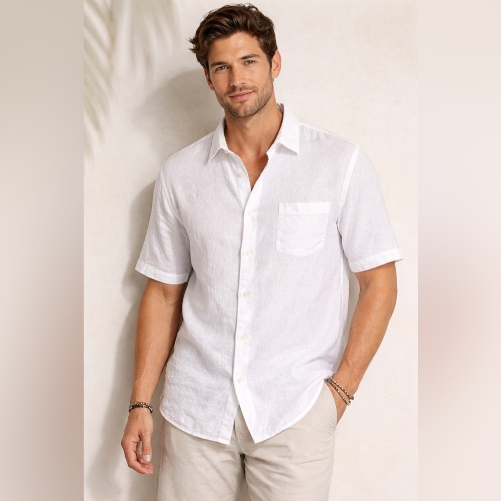 Tommy Bahama 100% Linen white short sleeve Button Up Shirt Men’s Resort Beach